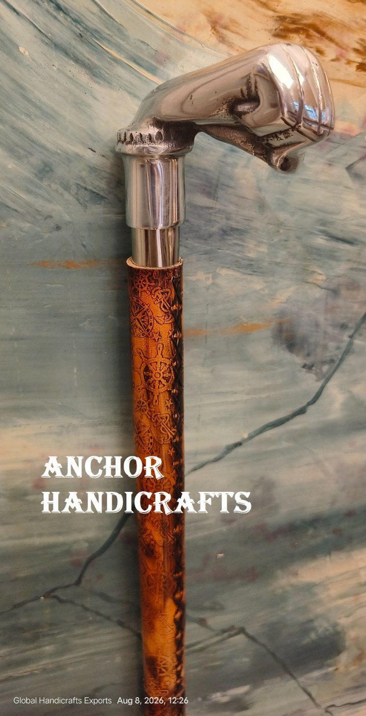 Handmade Punch Handle Leather embossed Nautical Style Wood Costume Walking Stick