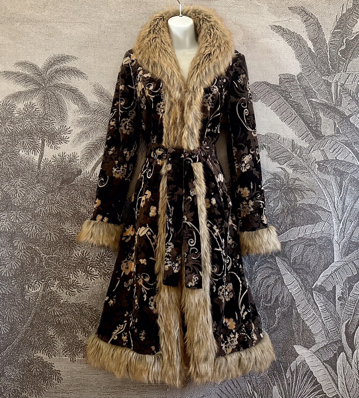 Stunning Rare Vintage Afghan Coat Floral Corduroy Fur 70s Boho Hippy Jacket Sz M