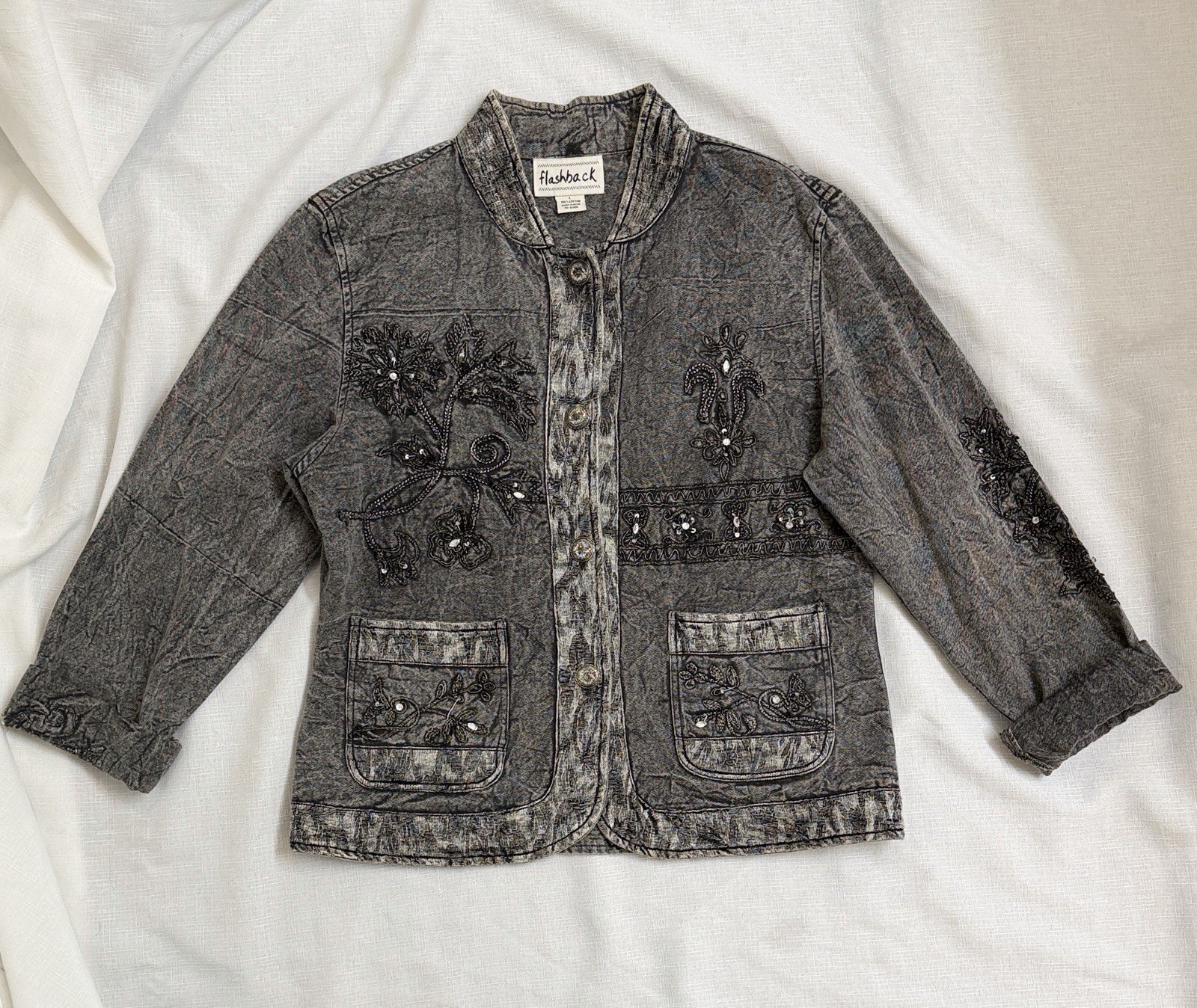 Flashback Black Embroidered Beaded Jacket Women’s Large Boho Velvet Trim Korea