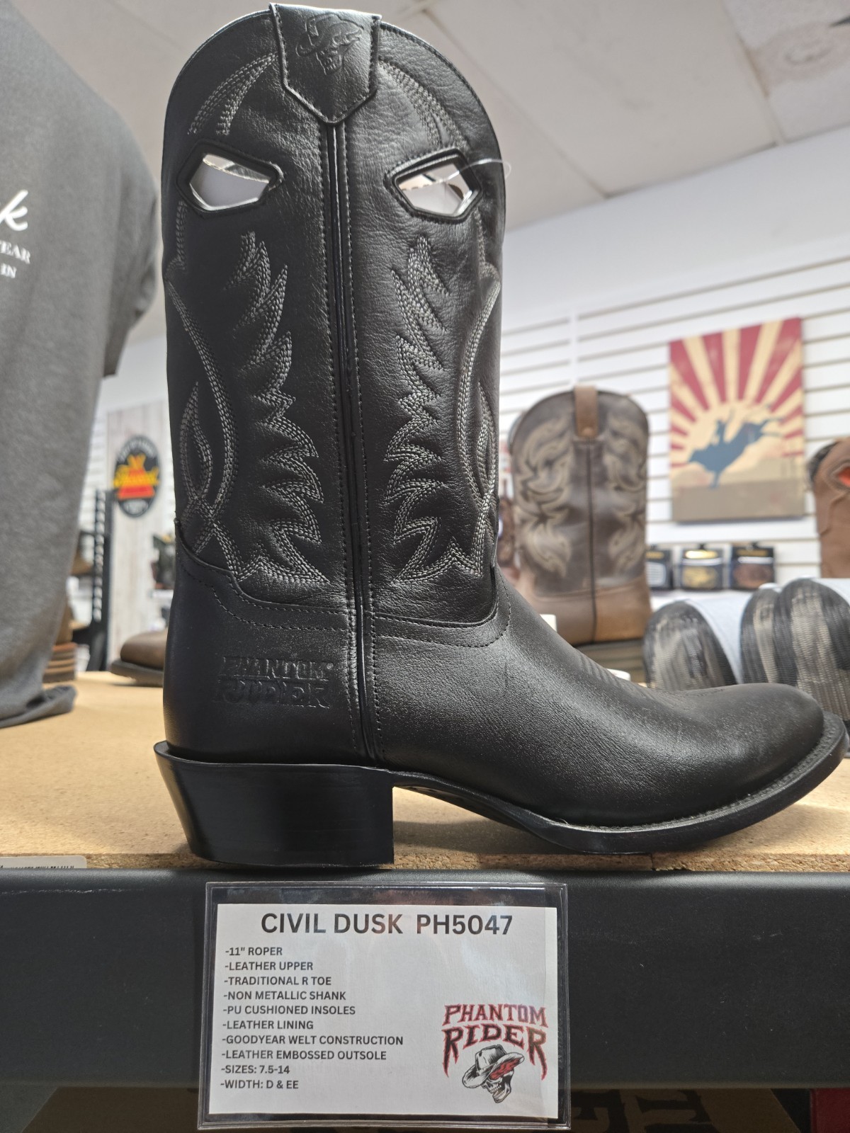 PH5047 8.0D PHANTOM RIDER BY DOUBLE H 11″ BLK LEATHER ROPER BOOTS NEW IN BOX