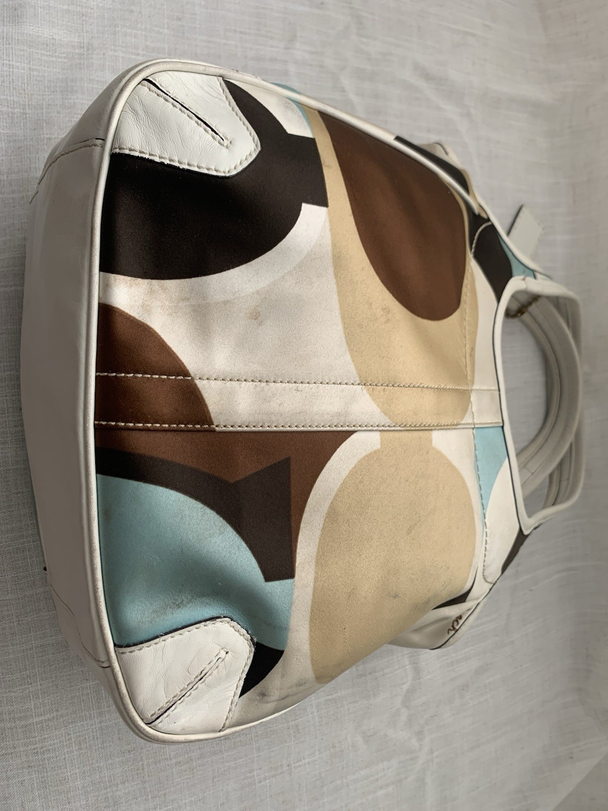 Coach Ergo 10783 Optic Scarf Print Satin Leather Tote Shoulder Bag Multicolor