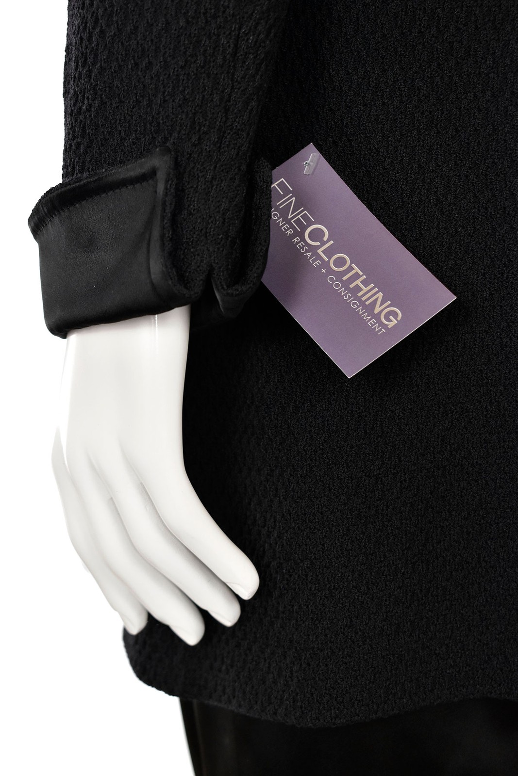 St. John Knits Black Jacket sz 16 – Long Black 1-Button Jacket w/ Satin Cuffs