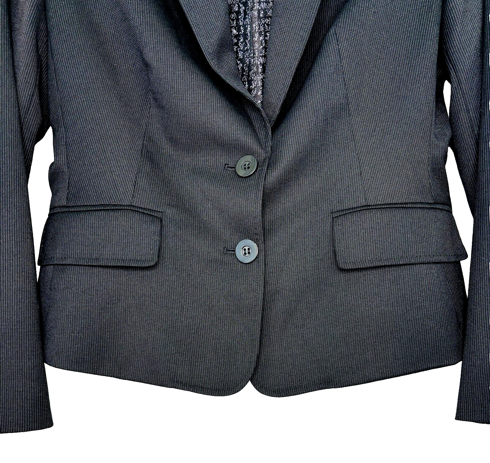 Anne Klein Womens Blazer Size 6 Jacket Button Pinstripe Black Wool Blend Petite