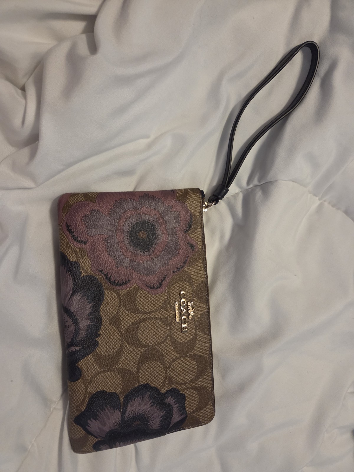 Coach Floral Signature Zip Wristlet Wallet w/ Wrist Strap Brown Pink Purple
