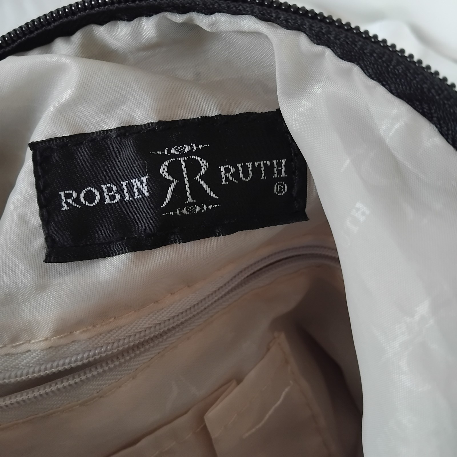 Robin Ruth Grey Woven Fabric Logo Zip Shoulder Bag w/ Charm Silver Hardware