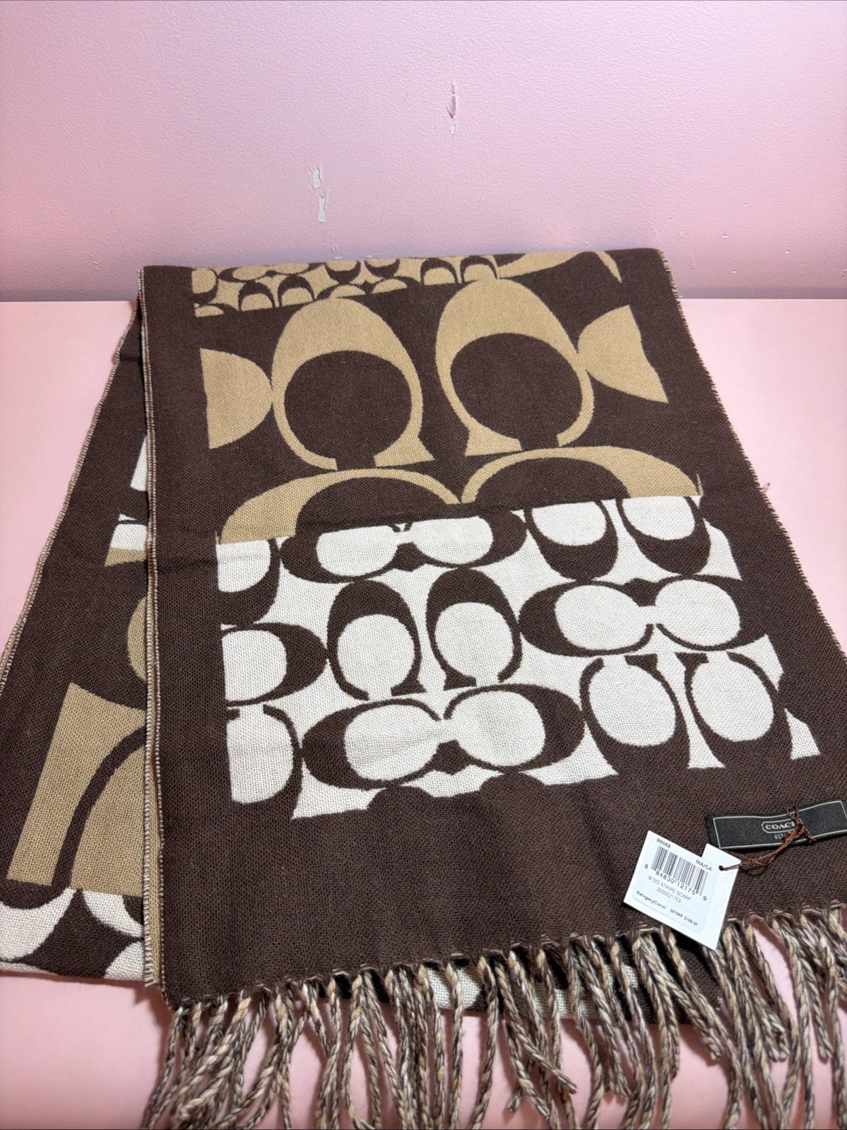 NEW with Tags Coach Brown Monogram 90% Wool/10% Cashmere Scarf 70×14 cm
