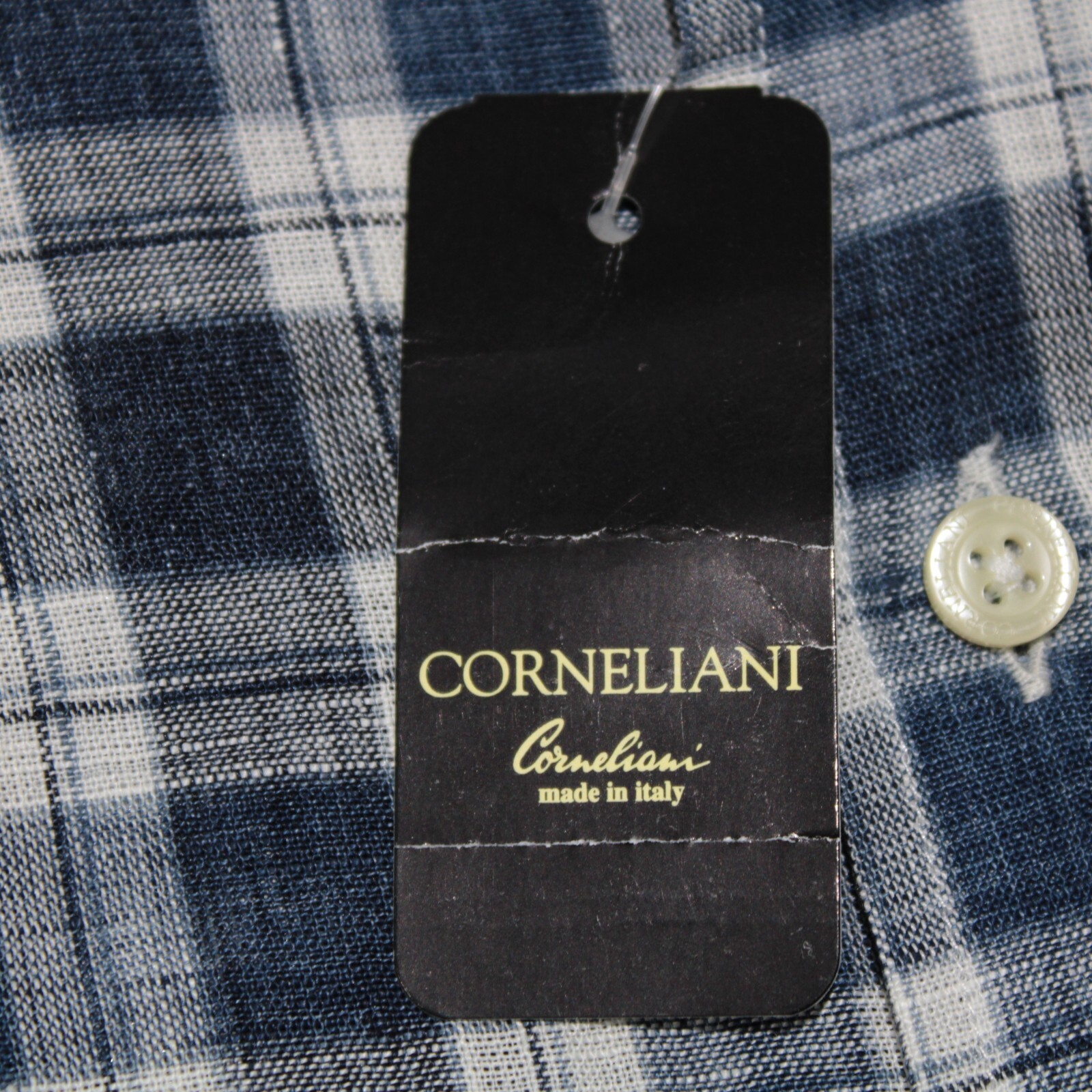 Corneliani NWT Casual Button Down Shirt Size M In Blue Plaid Linen