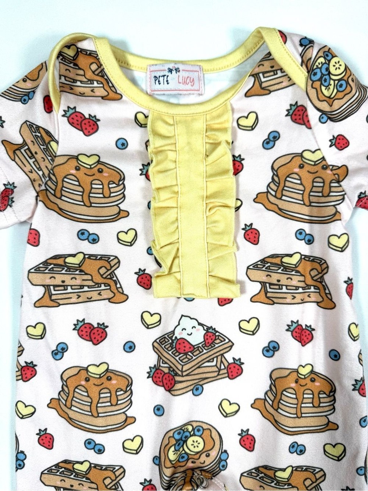 PETE + LUCY Girls Pancake Waffle Breakfast Ruffle Romper 0-3M Cottagecore Kawaii