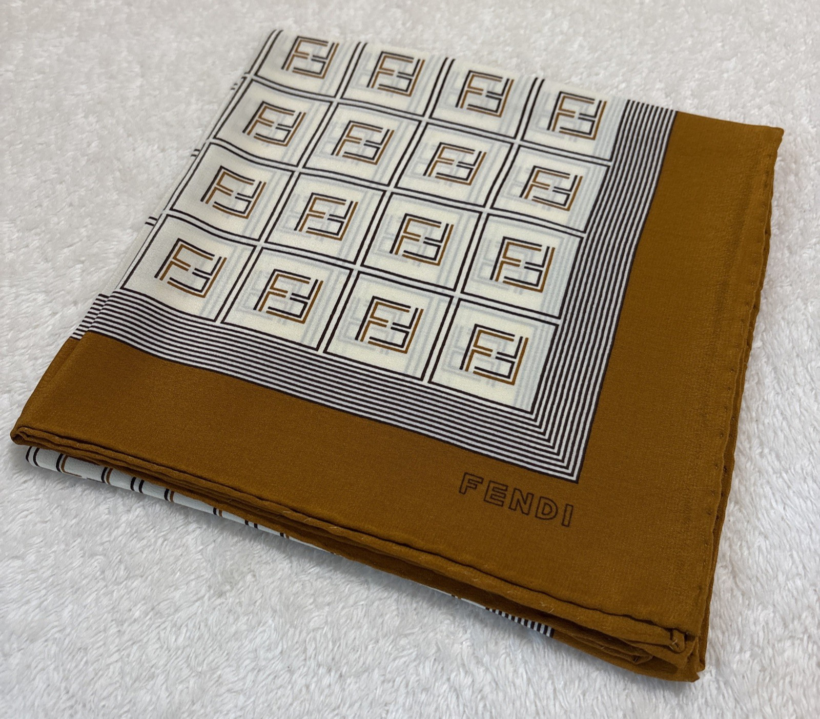 FENDI Silk Scarf 34in FF Monogram Logo Geometric Classic Elegant Italy