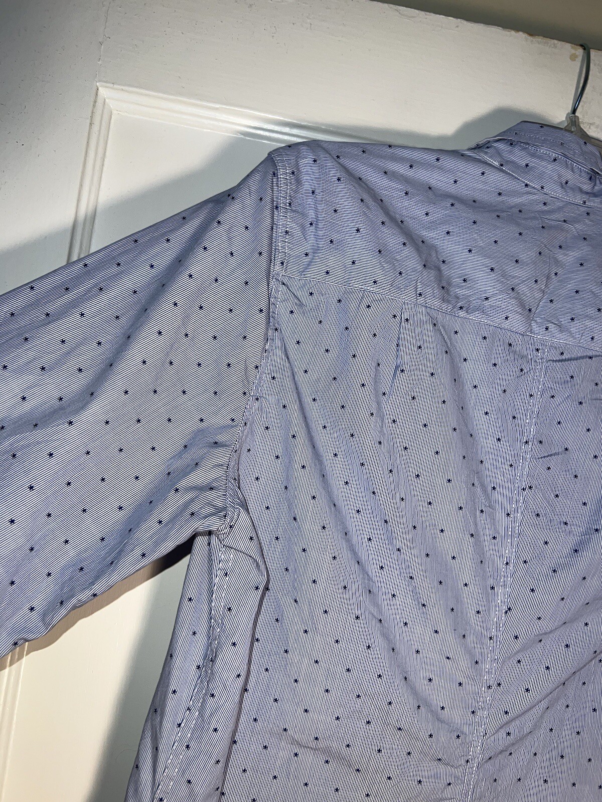 Frank & Eileen Barry White Blue Stripe Stars Cotton Shirt Size M. c747