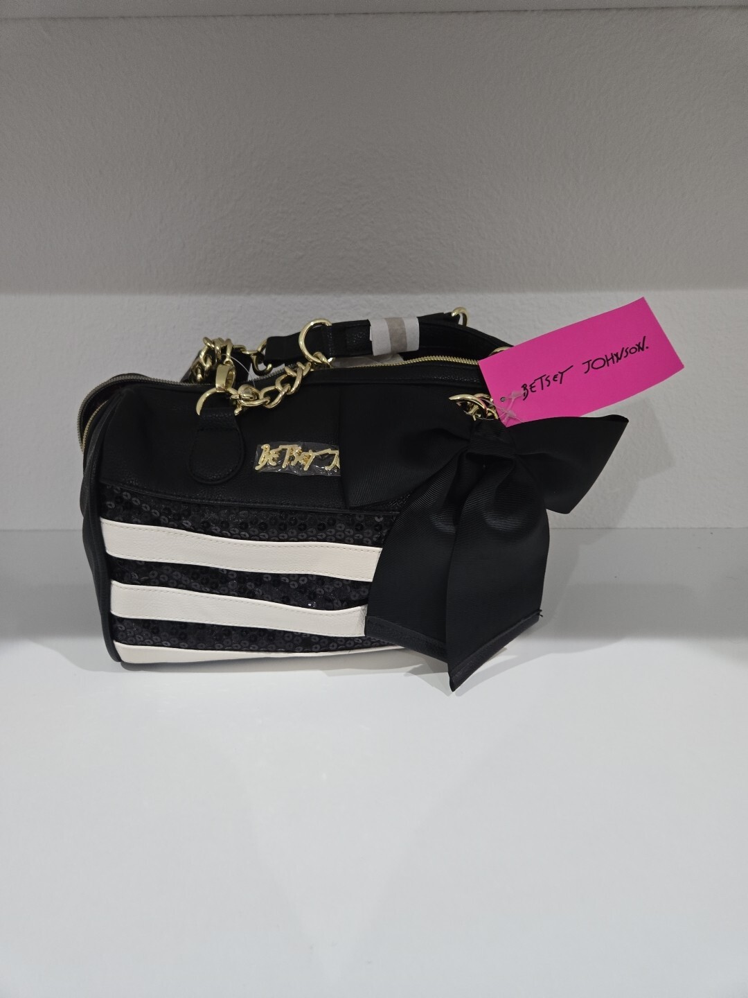 BETSEY JOHNSON Sequin Stripes,Stripe Medium Satchel NWT Black