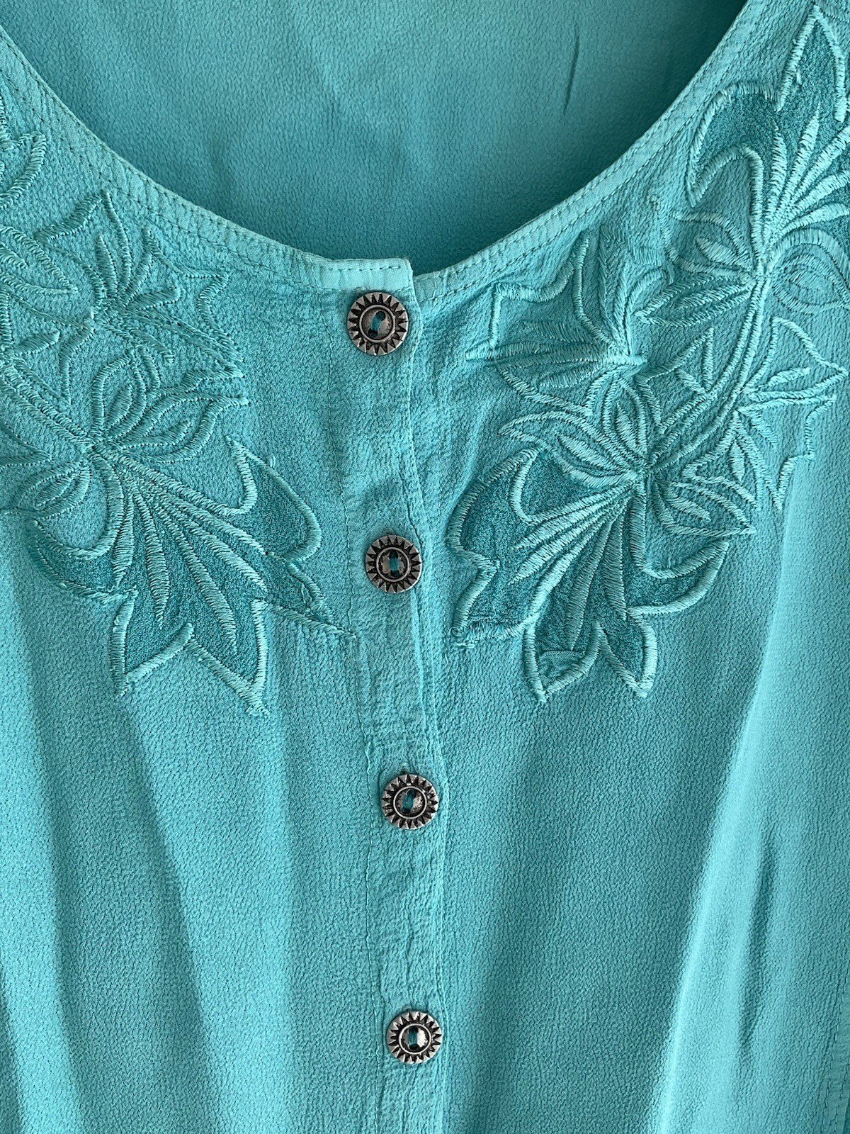 LIBAAS Turquoise Embroidered Button Front Chiffon Blouse Round Neck L/XL