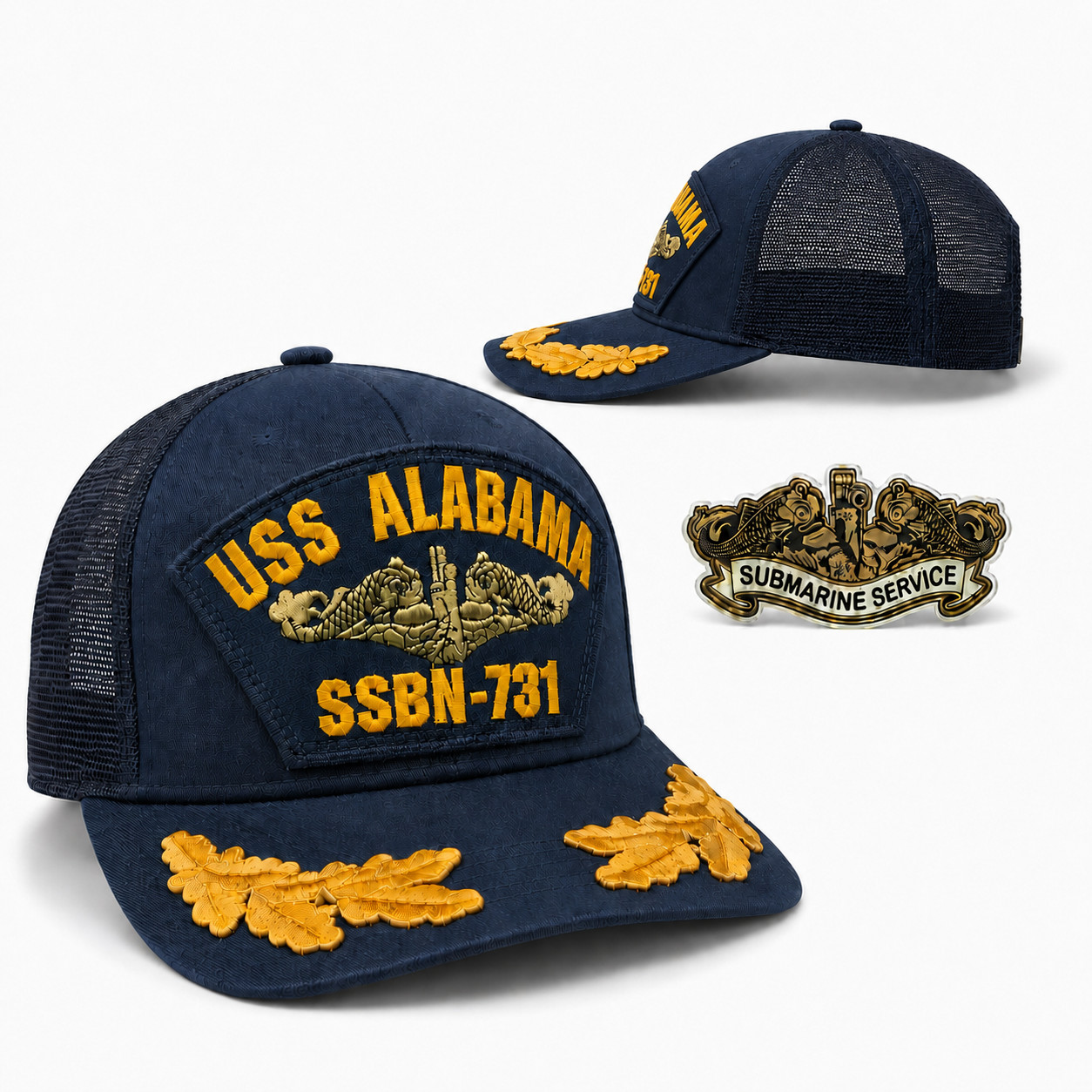 USS ALABAMA SSBN 731 Mesh Back Hat Navy Blue GOLD DOLPHINS + SCRAMBLED EGGS