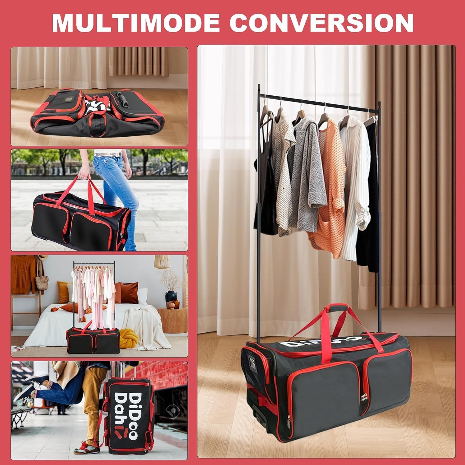 28 Inch Dance Bag with Garment Rack Rolling Duffel Wheels for Travel Black