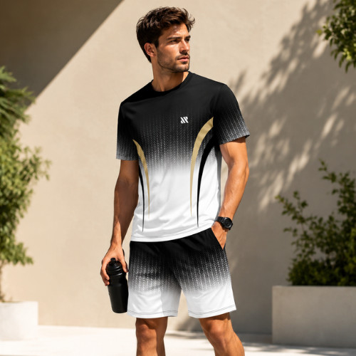 Men’s Summer Sports Set Short Sleeve T-Shirt & Shorts 2-Piece Outfit Casual Stre