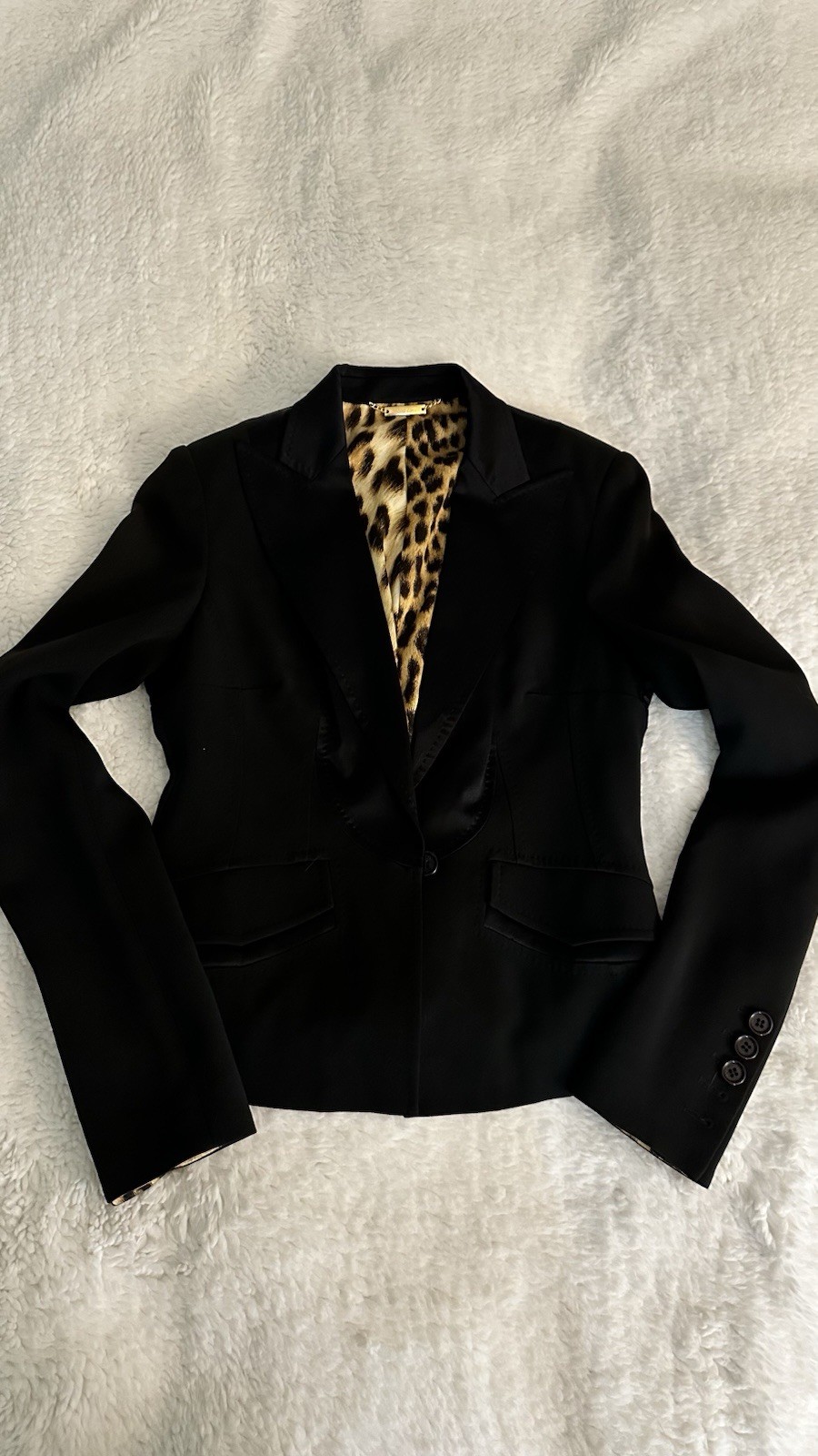 Roberto Cavalli Black Satin Cropped Peak Lapel Leopard Lined Blazer 6