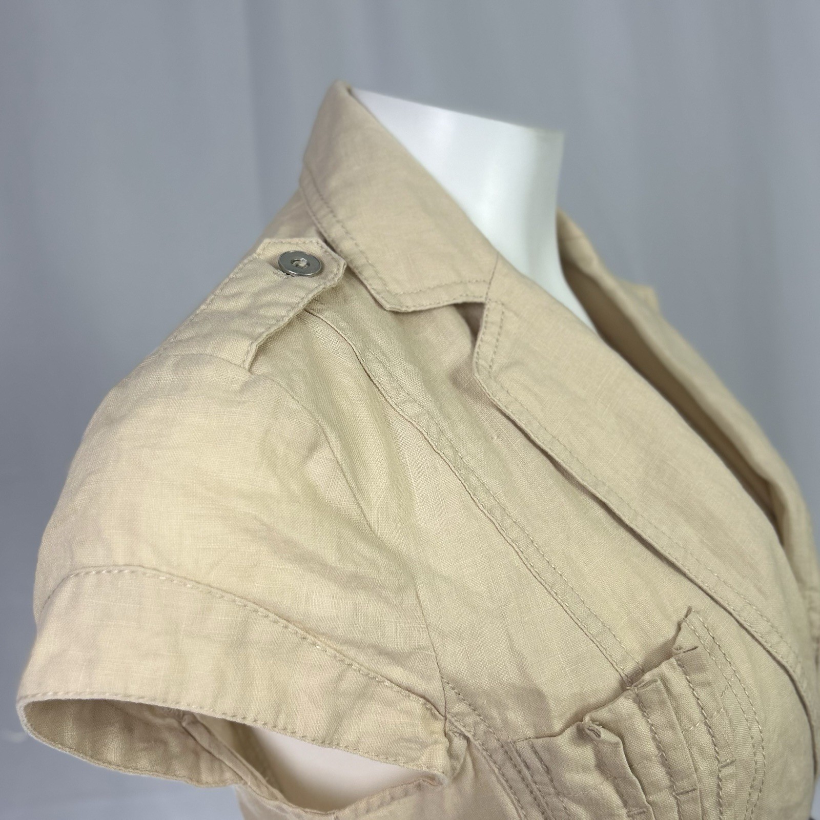 Apanage Vintage Y2K Jacket Top Safari 100% Linen Belted Khaki Short Sleeve US 4