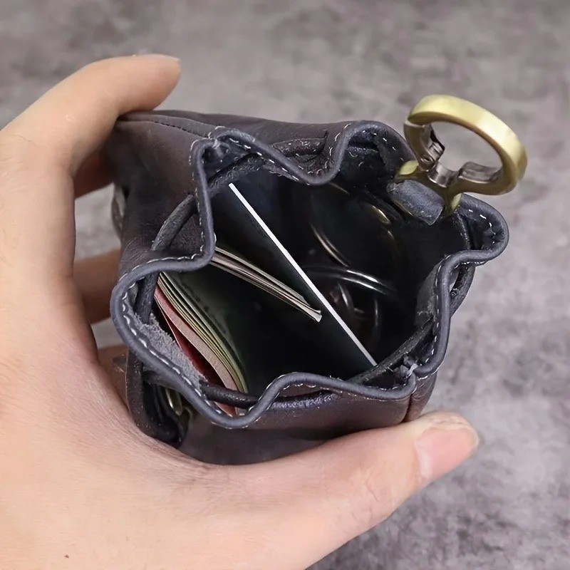 Leather Wallet Coin Pouch Case Drawstring String Bag Small Purse For Men Women