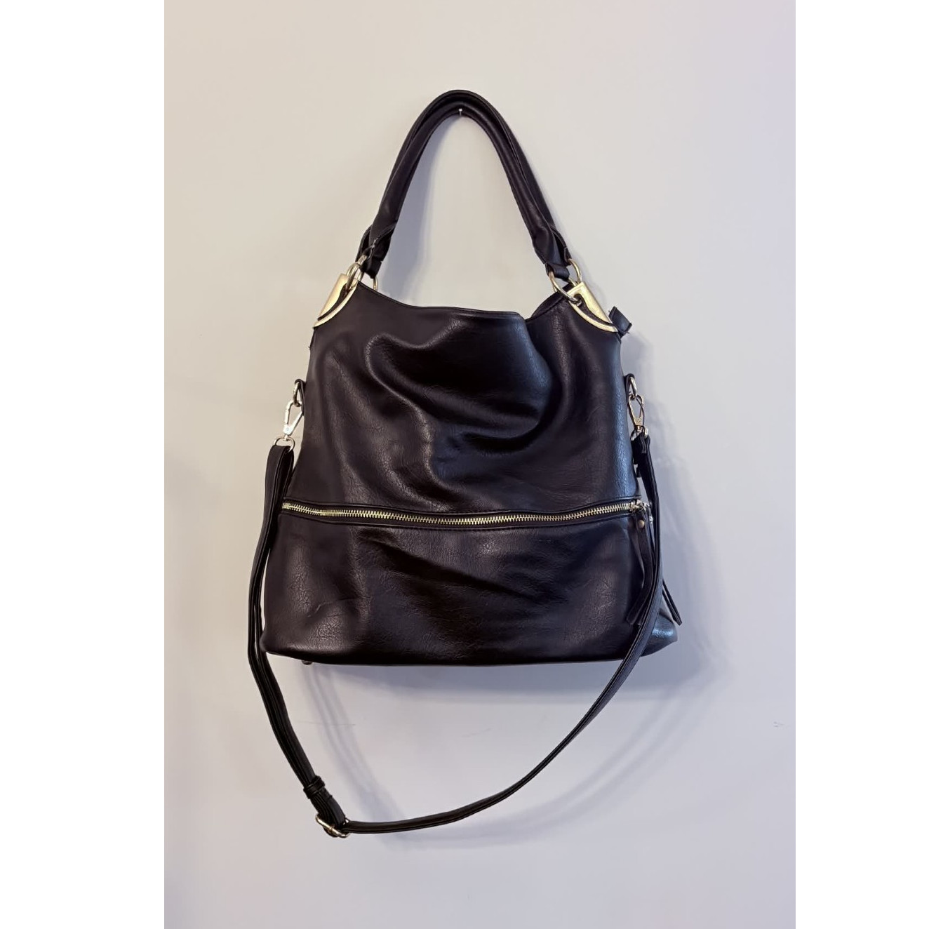 Black Shoulder Bag Zipper Accent Detachable Strap Zip Closure Women