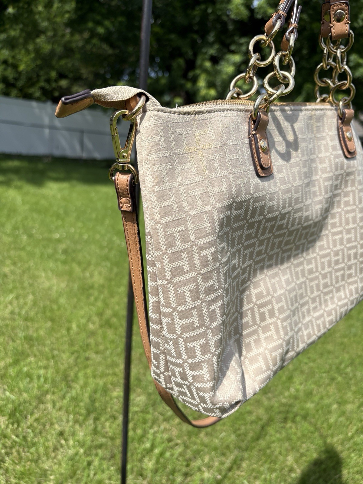 Tommy Hilfiger Coin with Chain Monogram Jacquard Travel Tote Khaki Tonal Logo