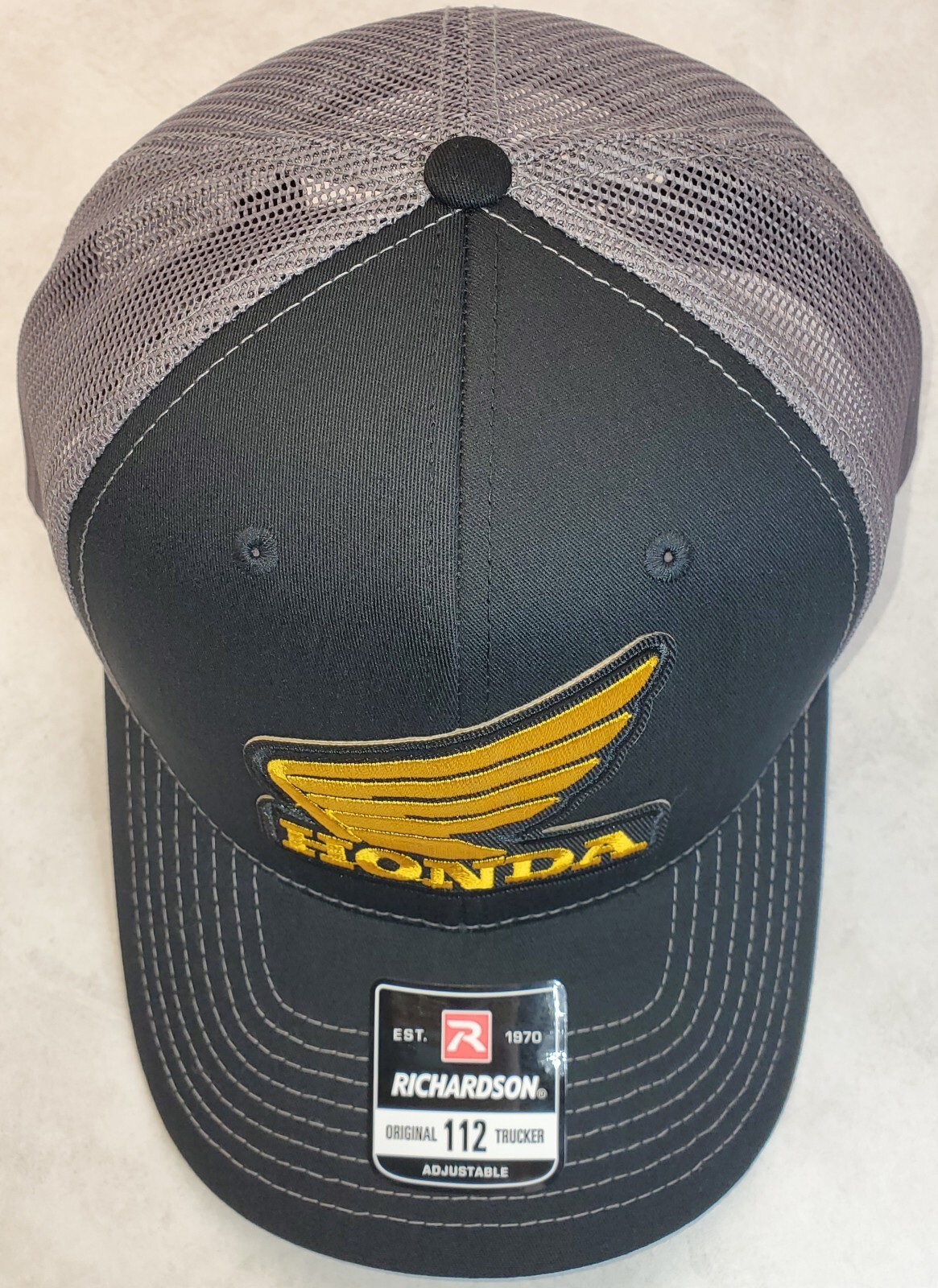 Honda Wing Logo Patch on Richardson 112 Trucker Hat Snapback Black/Charcoal