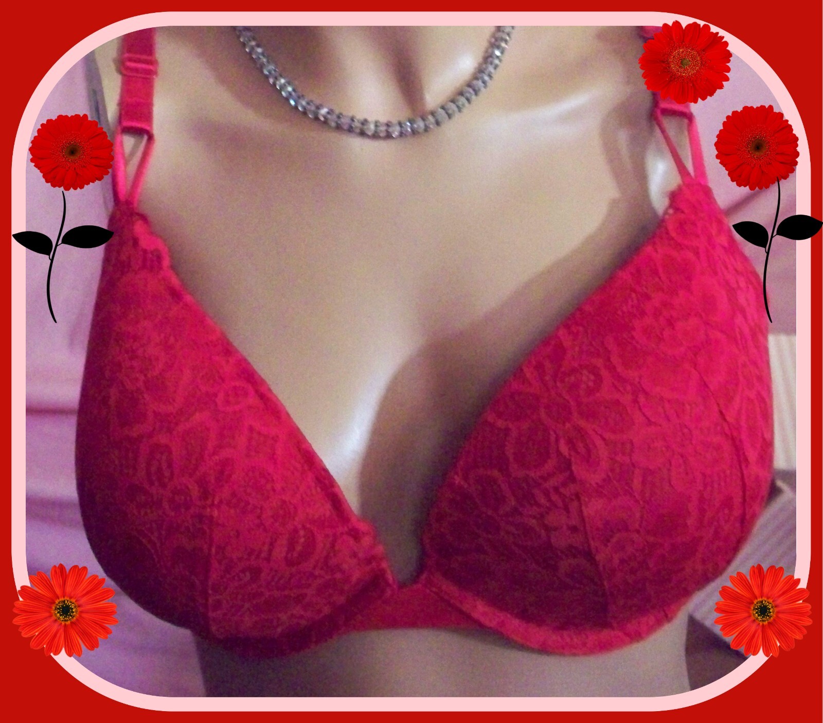 38D Red FLORAL LACE w Mesh Wings Extreme Lift Victorias Secret Plunge PU UW Bra
