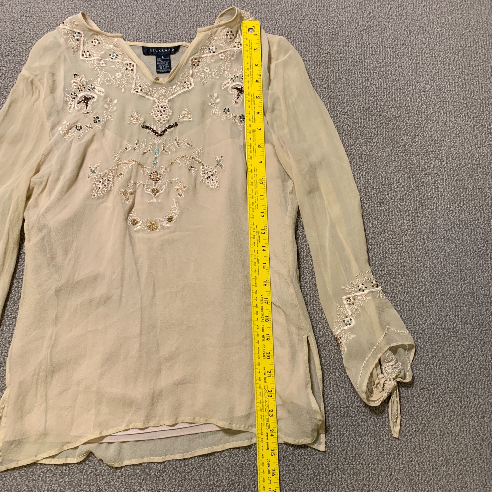 Silkland Layer Top Womens L Silk Semi Sheer Boho Coastal Cowgirl Embroider Bead