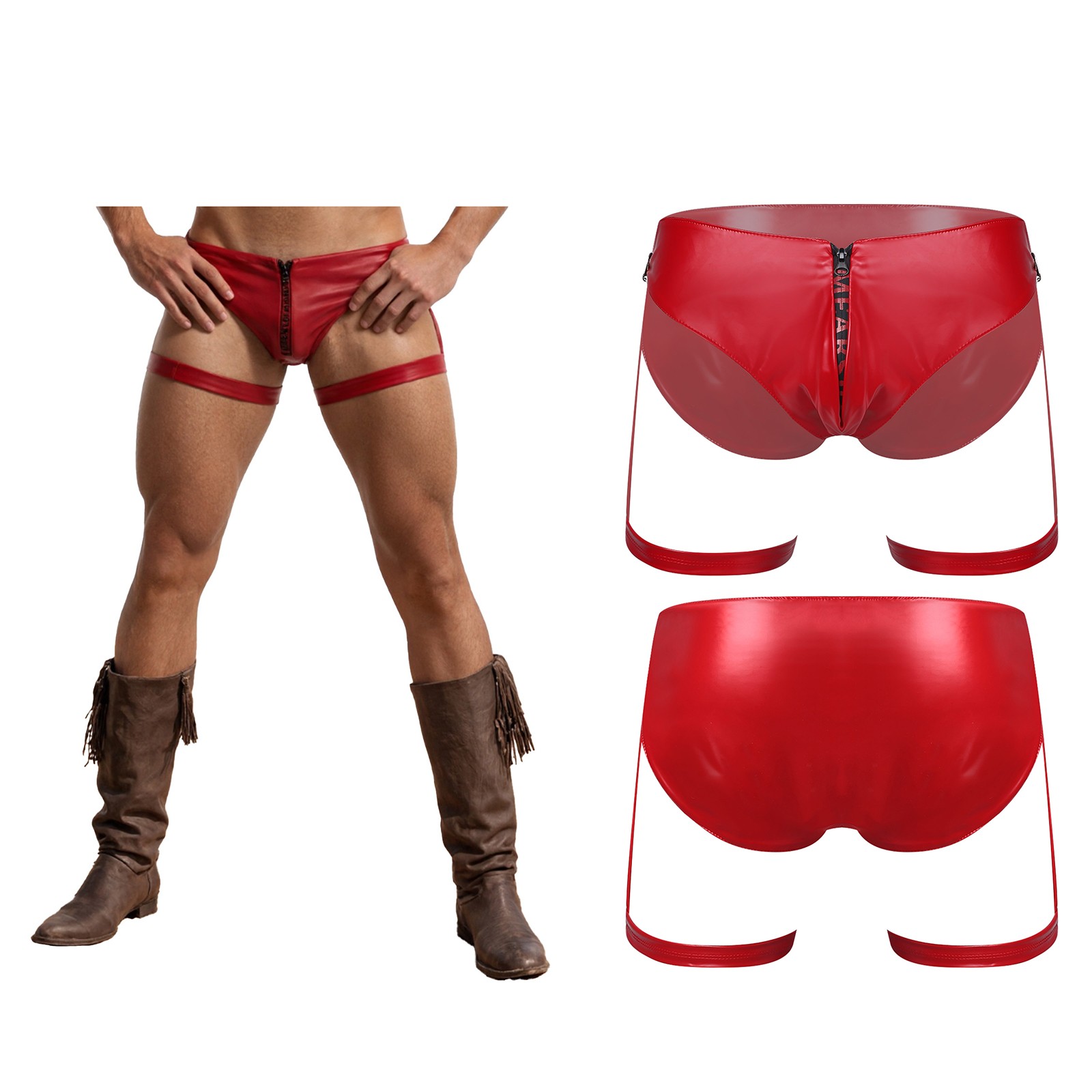 Men’s Thongs Soft PU Briefs With Thigh Bands Underwear for Nightclub Rave Party