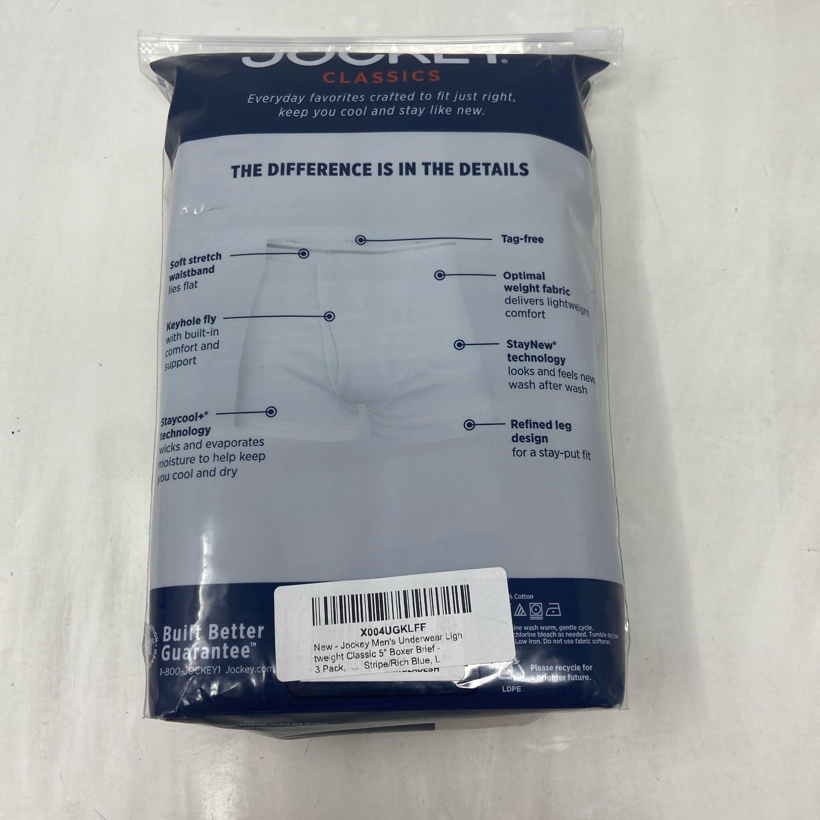 Jockey Classics 3 Boxer Briefs L Blue Assorted 100% Cotton Full-Rise