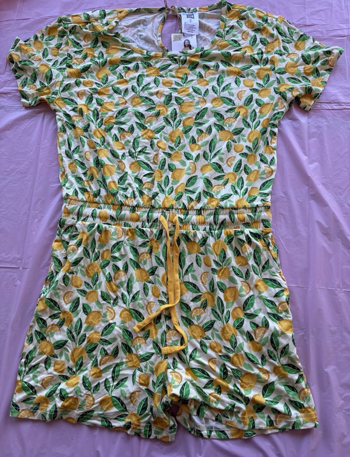 Alex’s Lemonade Stand Womens Romper Lemon Fruit Print Knit Drawstring Retro Sz S
