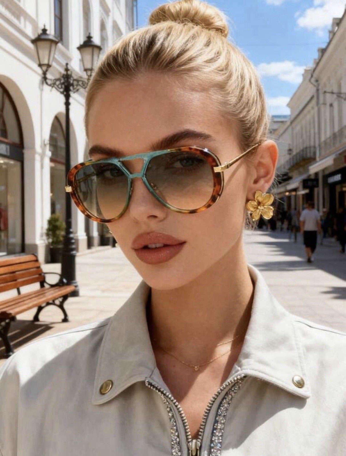 Oversized Tortoise Sunglasses Women Double Beam Metal Frame UV400