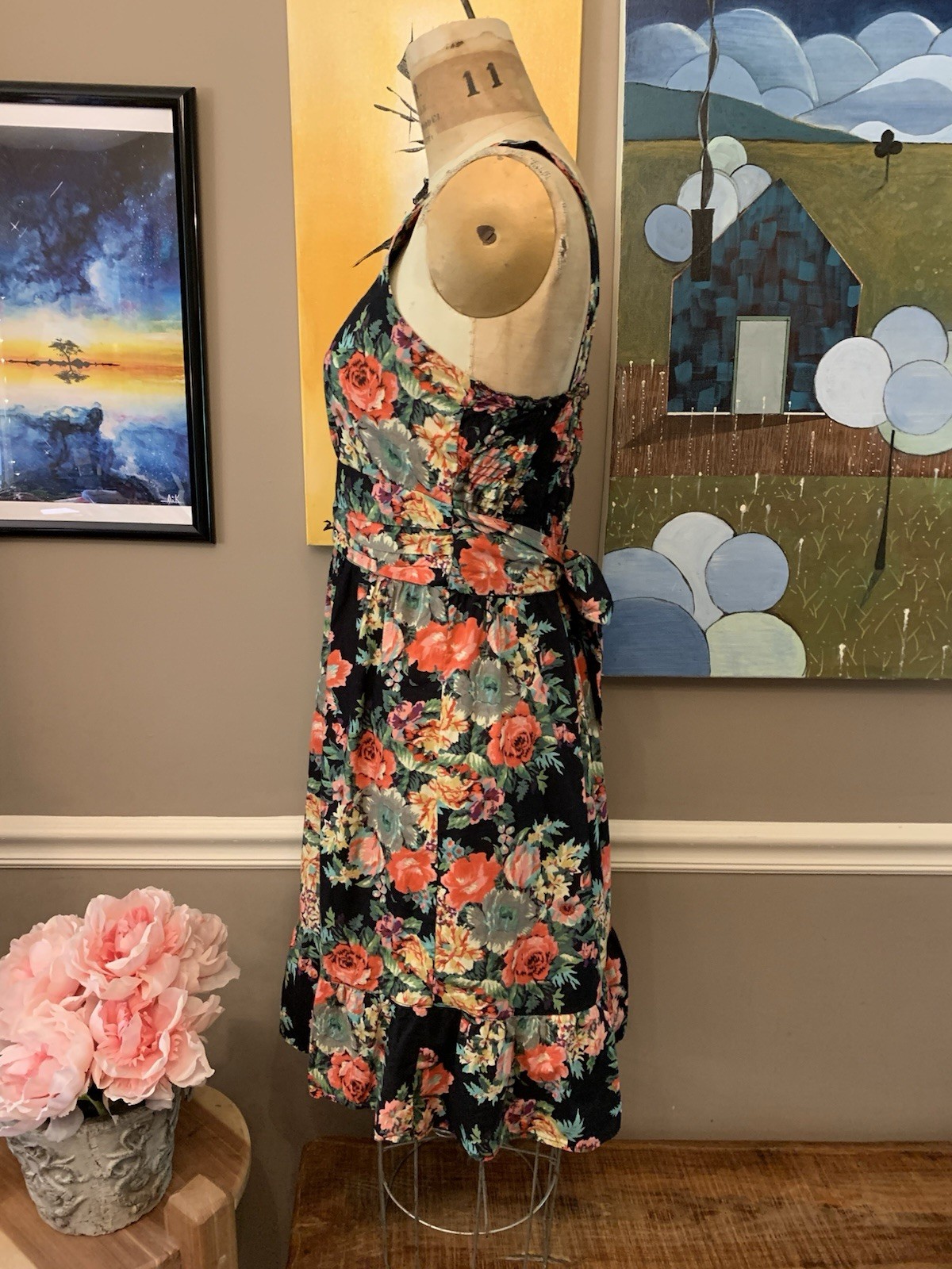 Angie Cotton Black Multi Floral Ruffled Midi Summer Dress L Boho