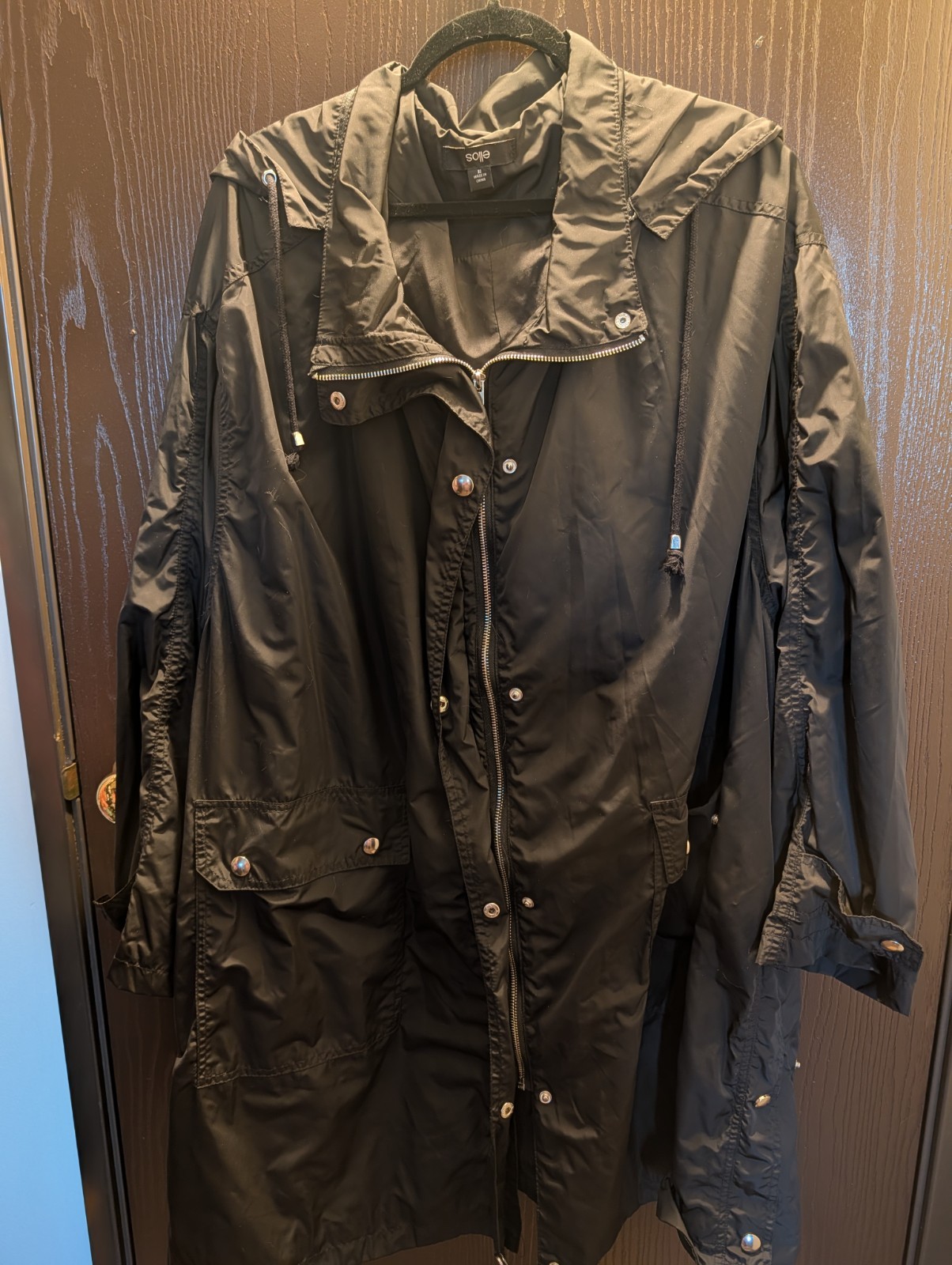 NWOT Ellos Size 32, Hooded Long Jacket, Blck, Hip Pockets, Full Zip & Snap 0324B