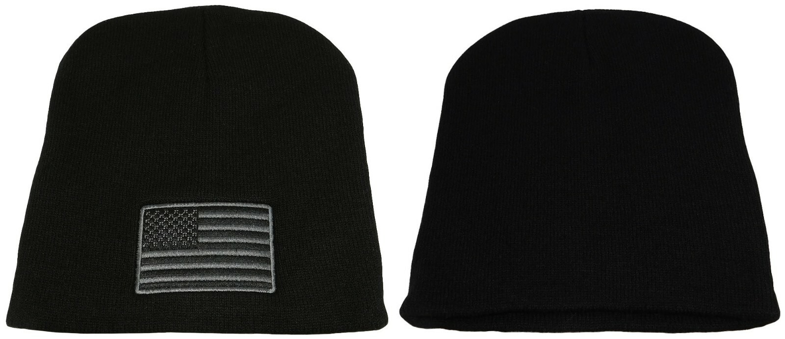 8″ USA SUBDUED Grey Gray & Black Patch Embroidered Black Knit Beanie Skull Cap