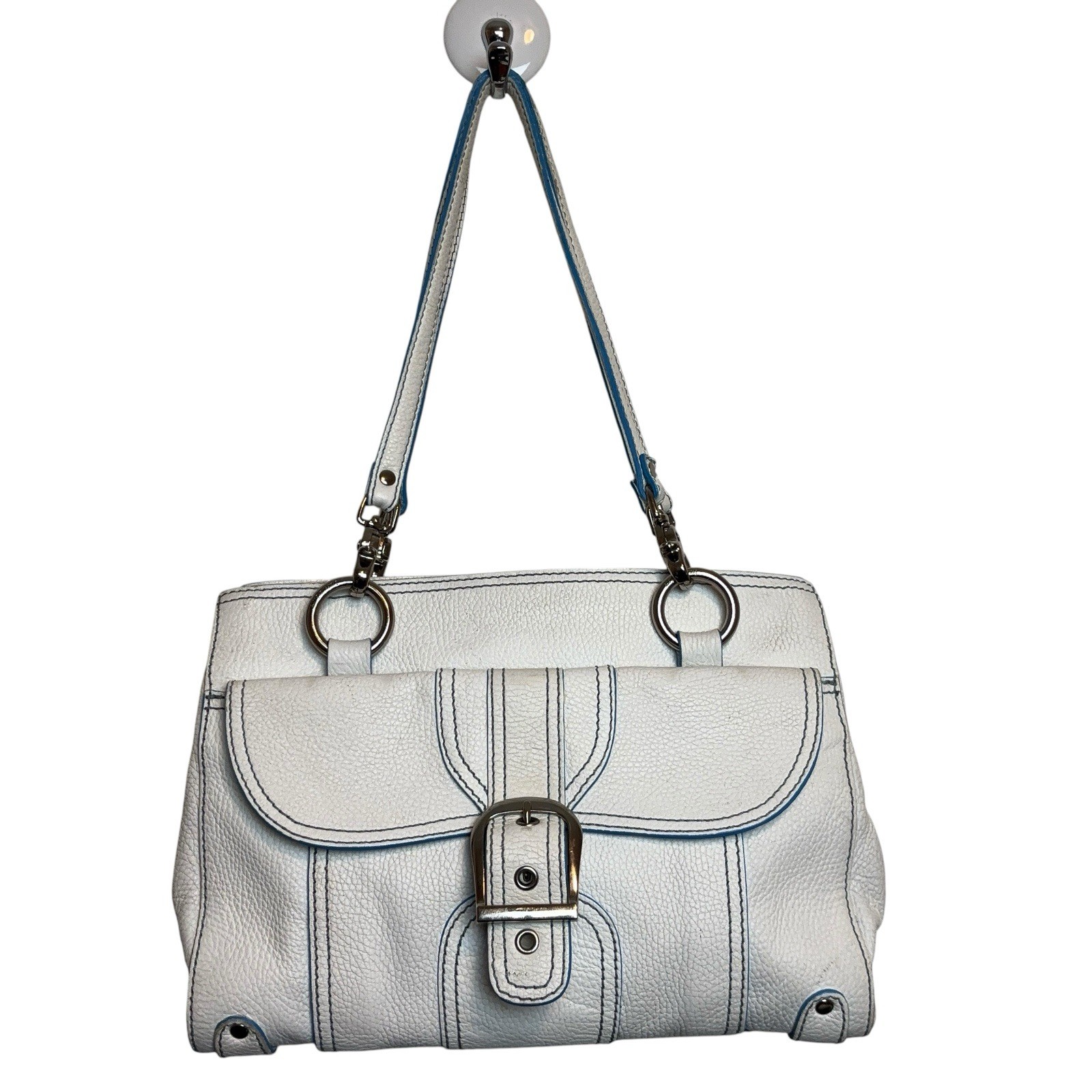 Isabella Fiore White Pebble Leather Tote Shoulder Hand bag Purse Blue Trim Studs
