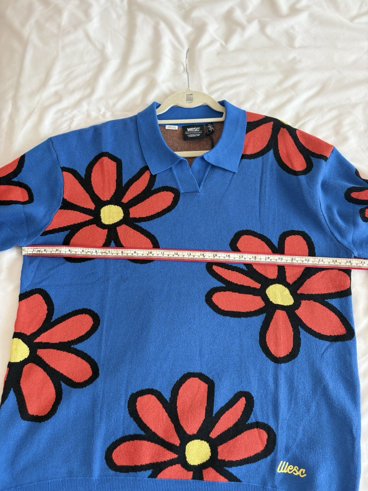 NWT WESC SIZE L MENS BLUE FLORAL COTTON KNIT COLLARED PULLOVER POLO AMAZING!