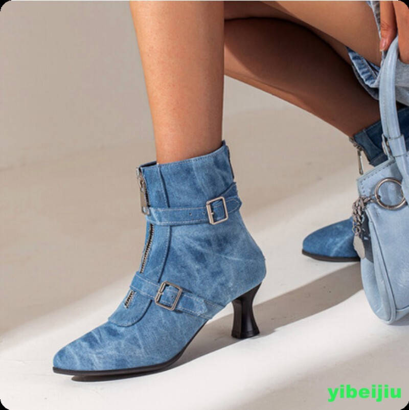 Belt Women’s Kitten Mid Heel Front Zipper Ankle Boots Shoes Cowgirl Denim Retro