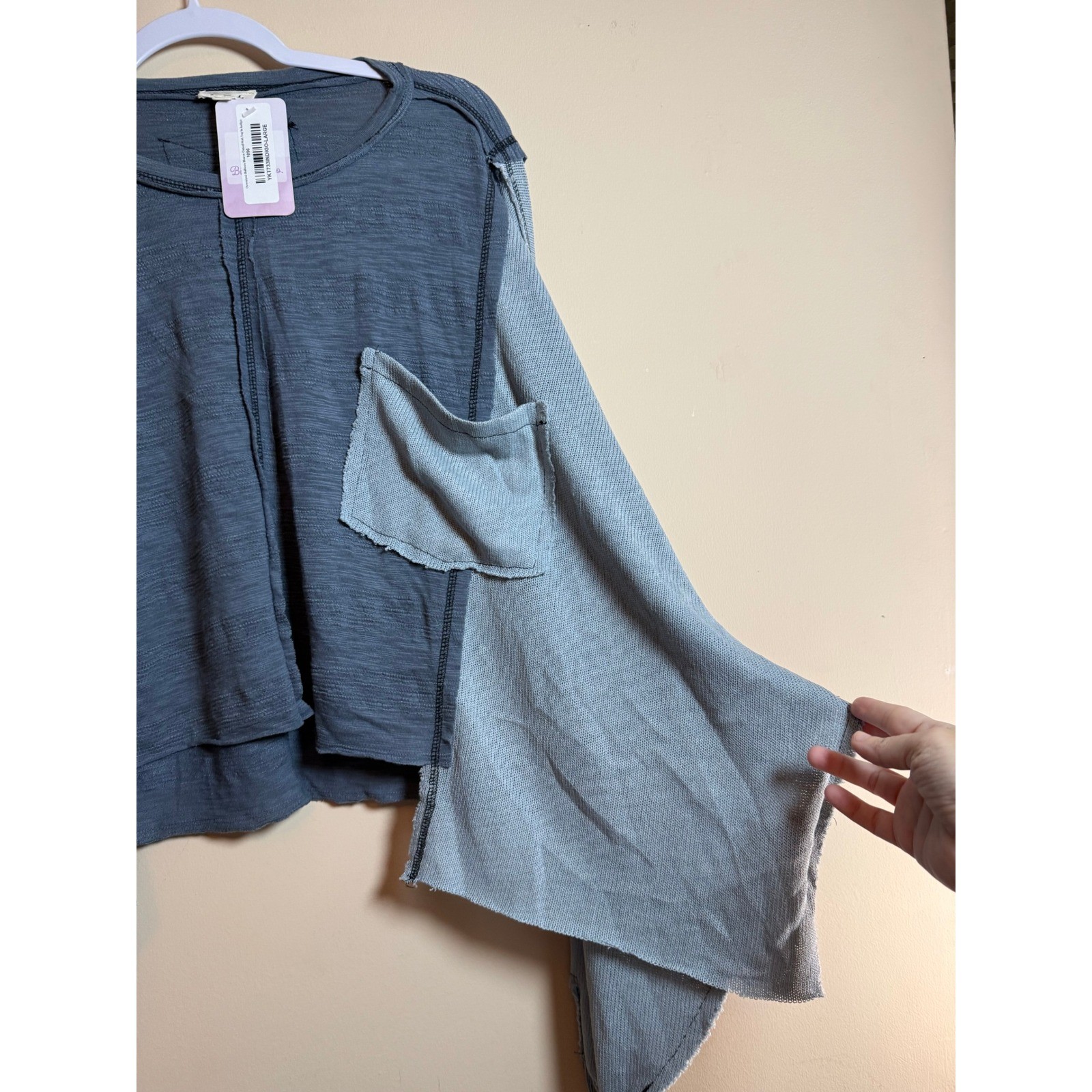 POL Oversized Balloon Sleeve Raw Edge Knit Top Indigo Patchwork Large Boho NEW