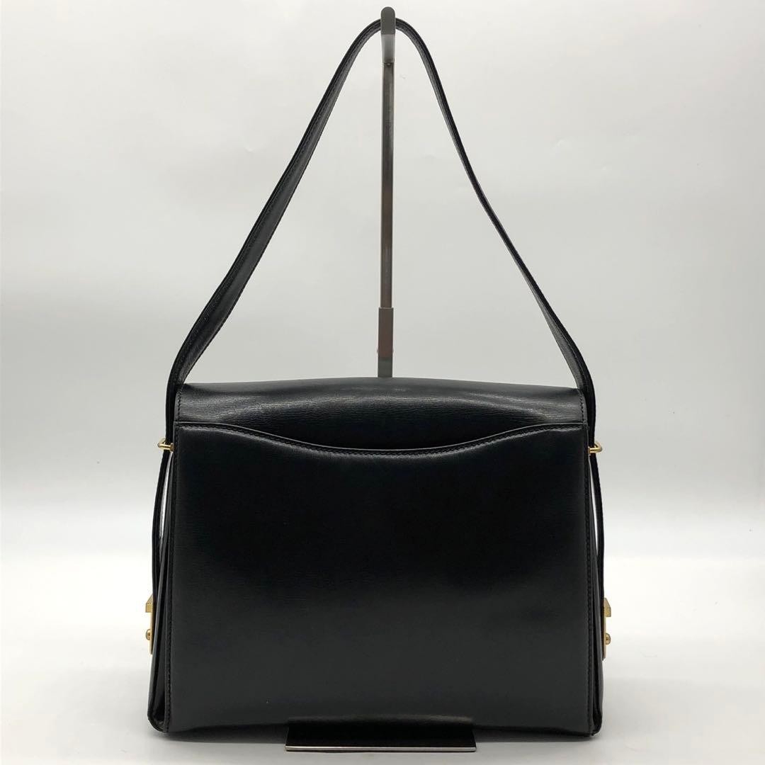 GUCCI Black Leather One-Shoulder Bag Interlocking Logo Gold Hardware Authentic