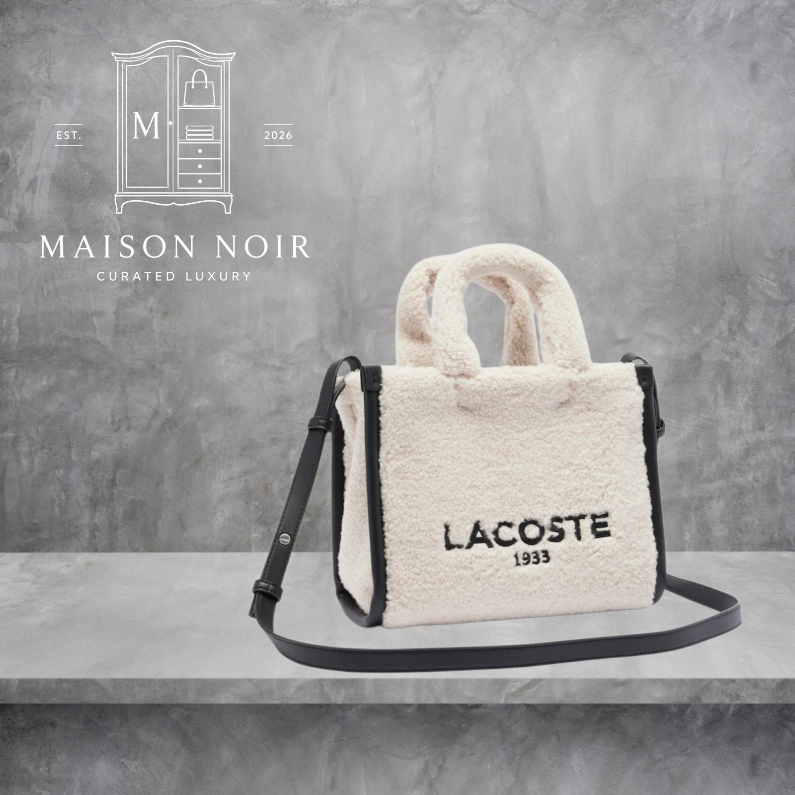 Lacoste Woman’s 1933 Sherpa Teddy Tote Crossbody Bag Cream Ivory Black Logo