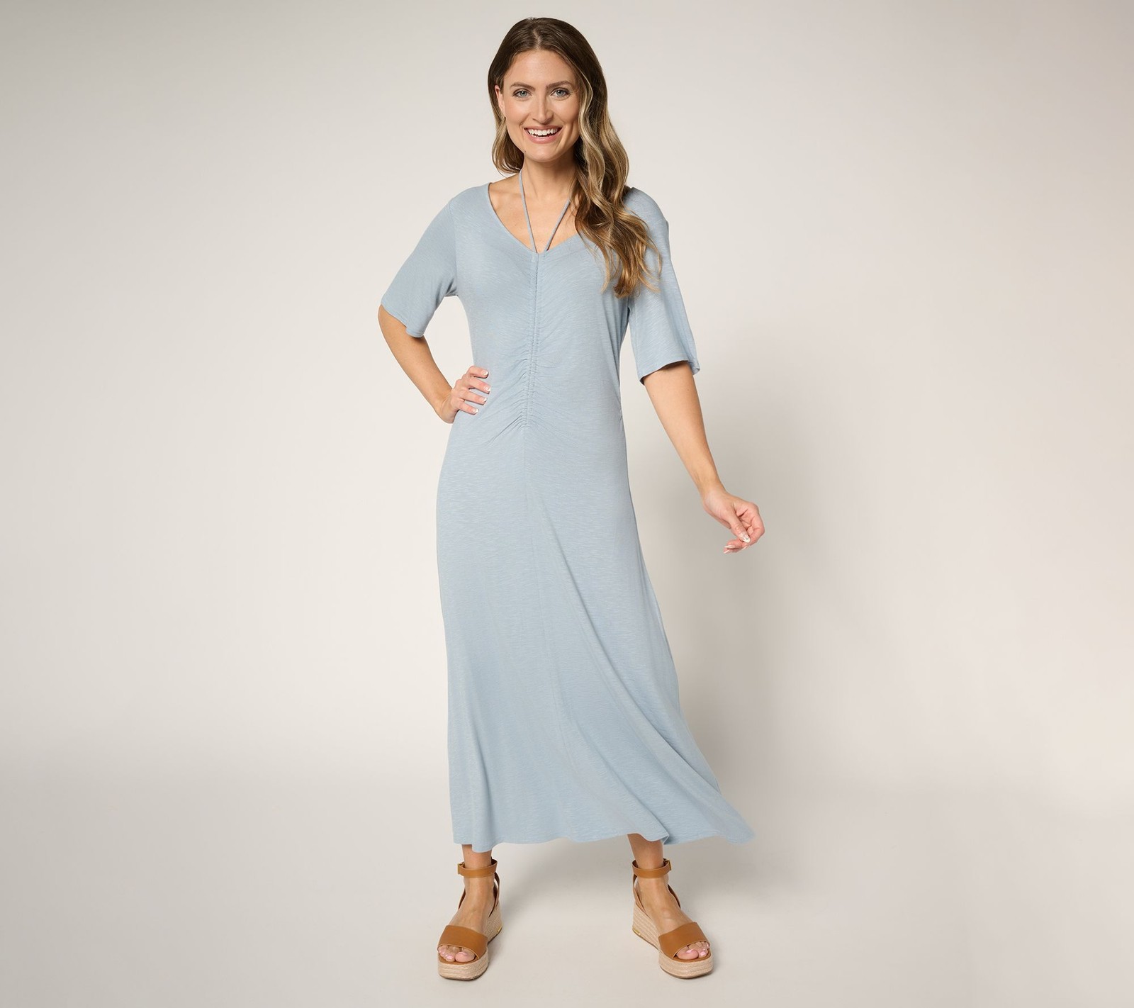 Liberare Women’s Petite Dress PS Ruch Front Short Sleeve Midi Blue A692504