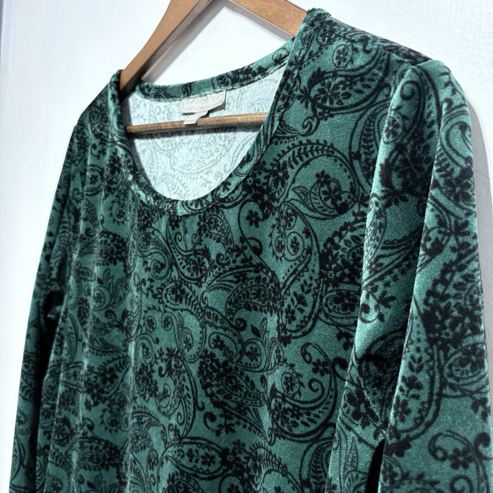 Woman Within Tunic Womens 14 16 Green Damask Velour 3/4 Sleeve Pullover Holiday