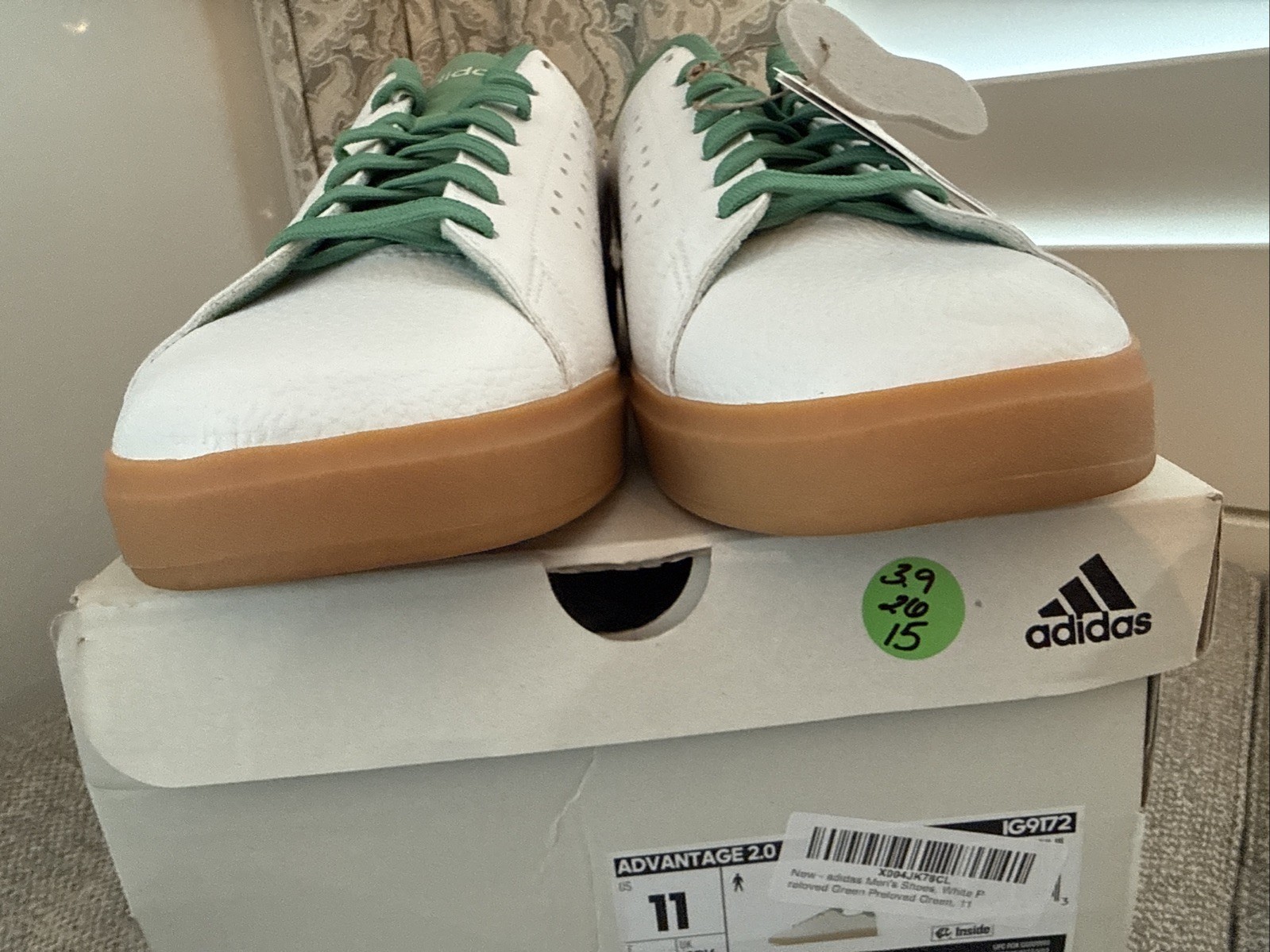 Size 11 Men’s Adidas Advantage 2.0 White Preloved Green Gum Sneakers IG9172