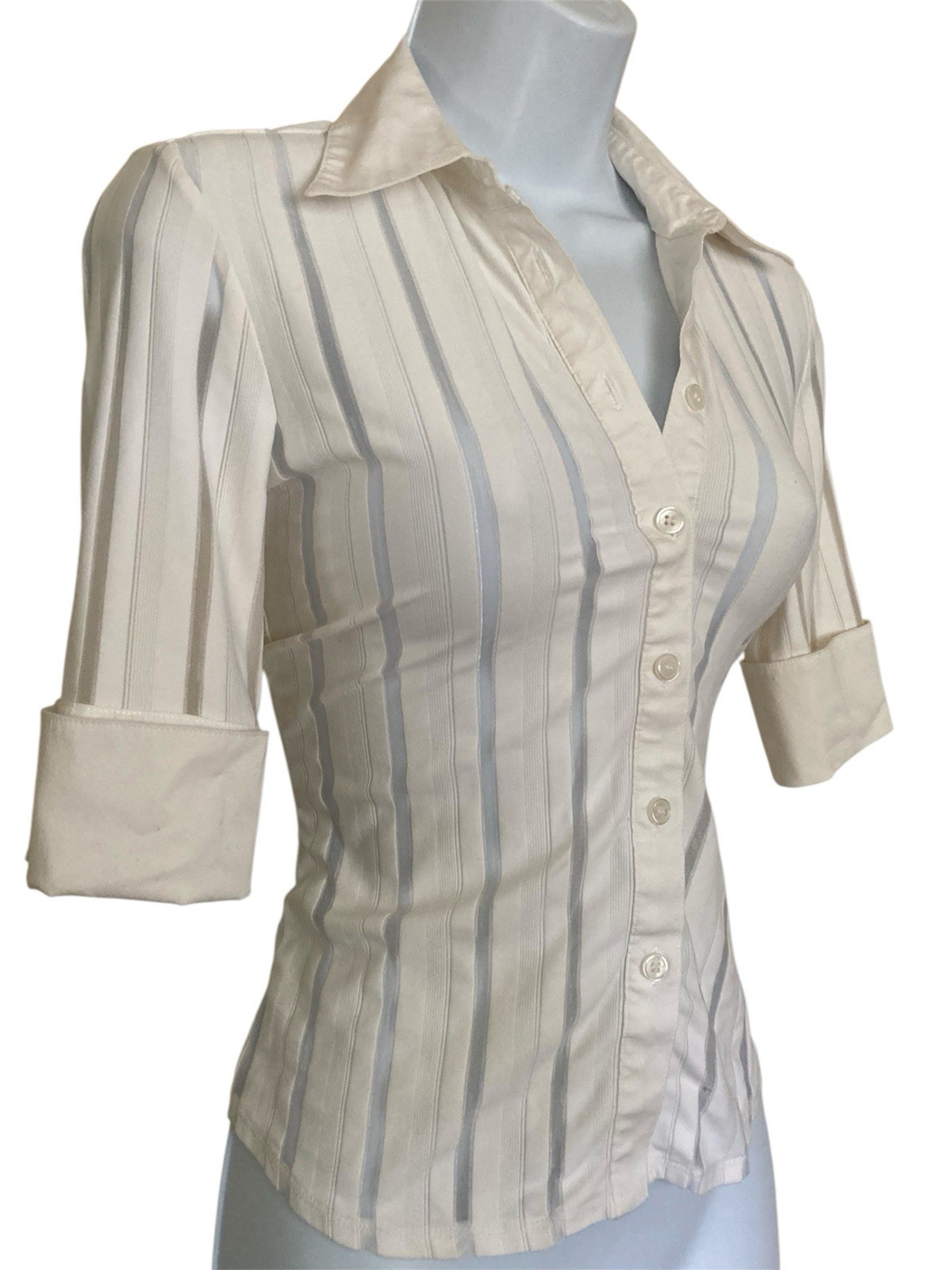 Vintage 90s Y2k White Mesh Office Fitted Button Down 3/4 Sleeve Collared Shirt