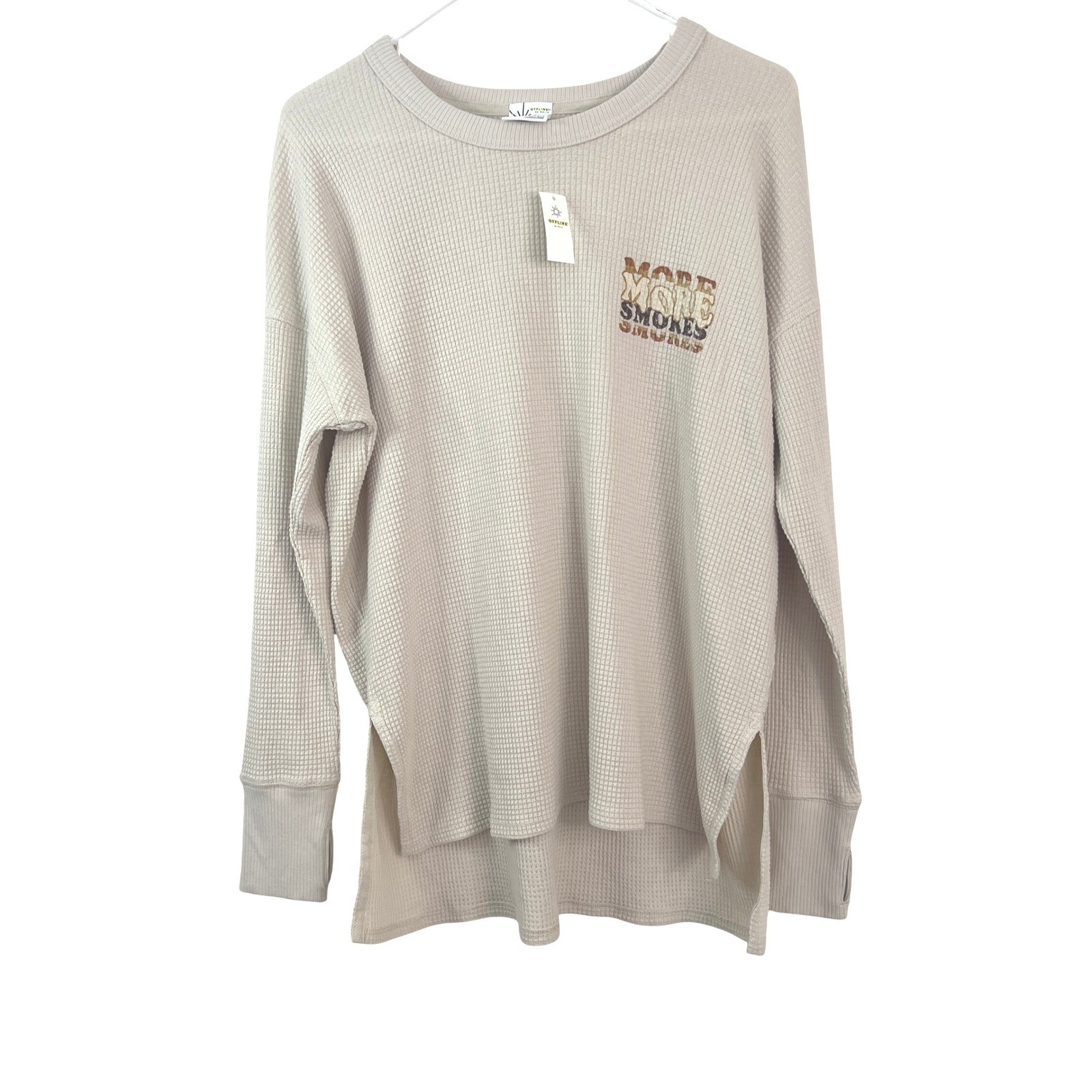 OFFLINE by Aerie Cozy “More Smores” Waffle Knit Long Sleeve Top Tan Small NEW