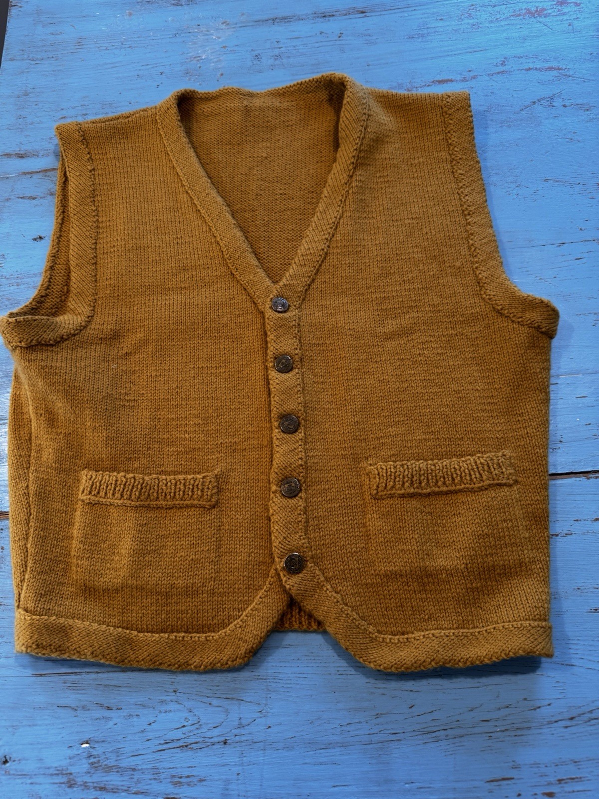 VTG 70s Hand Knit Sweater Orange Vest Gold Buttons Preppy Granny Pockets Medium