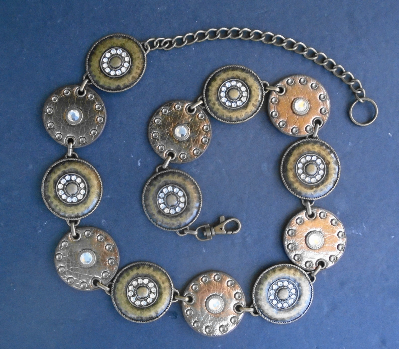 Vintage Concho Belt, 7 metal disks, 6 leather disks, rhinestones (see details)