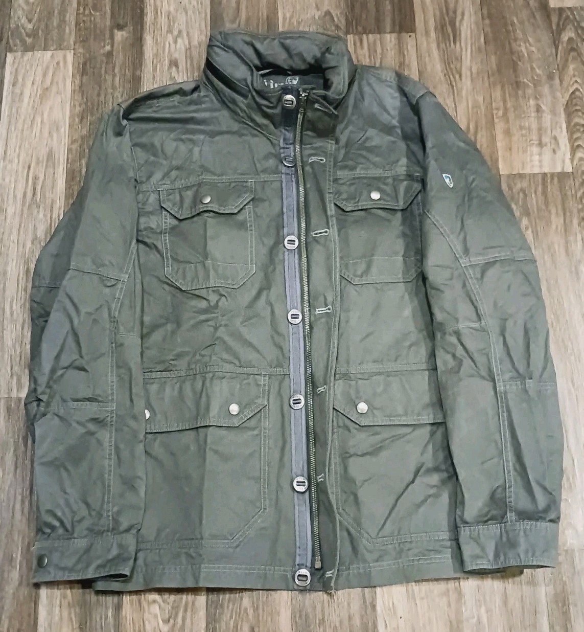 Kuhl Kollusion Jacket Mens Medium Gray Full Zip Hooded Utility Pockets Waxed
