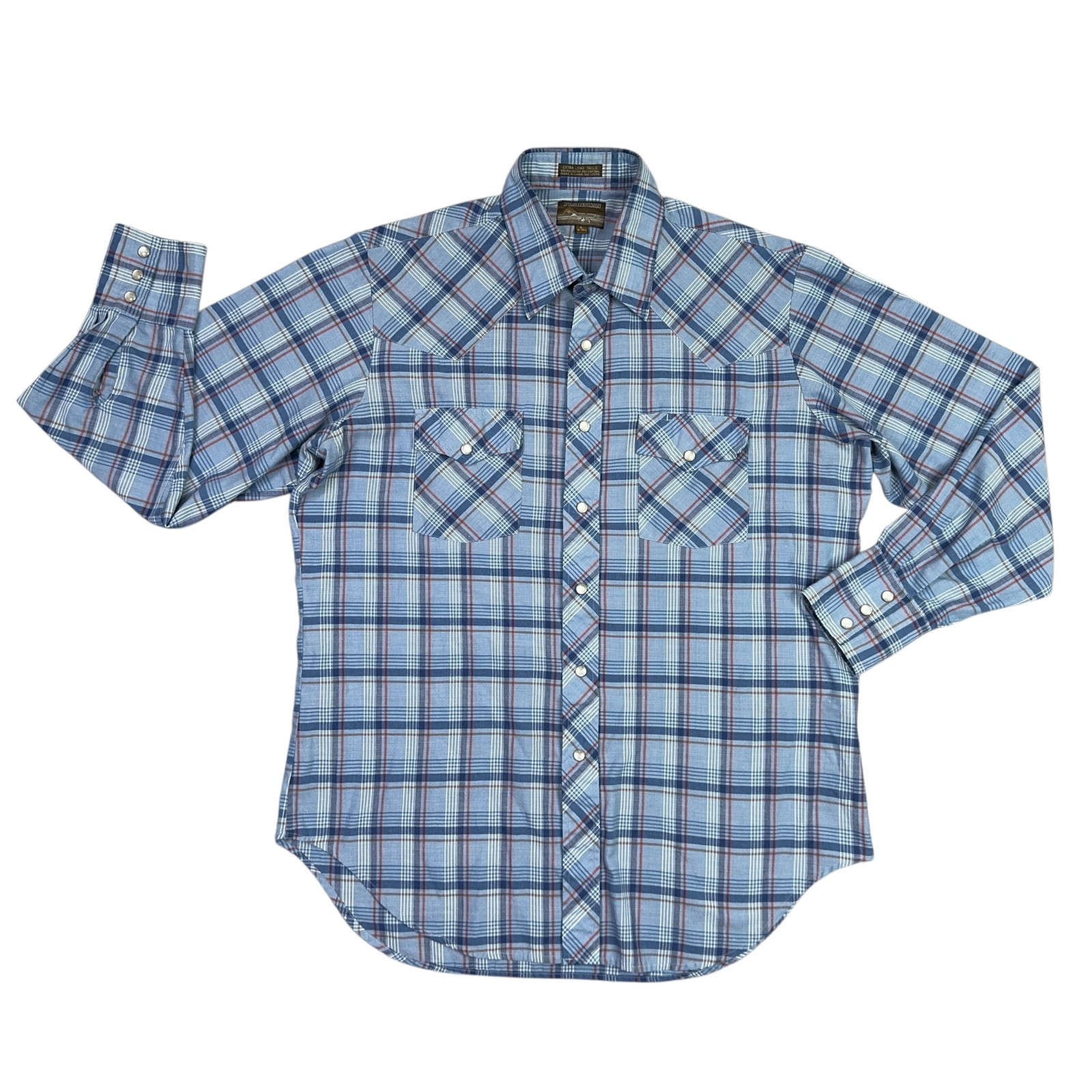 Plainsman Western Shirt Mens L Blue Pearl Snap Plaid Extra Long Tails Vintage