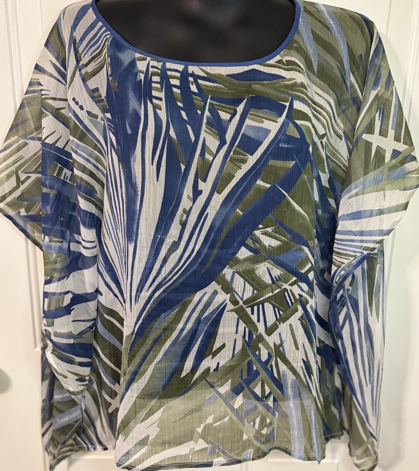 LOFT Tropical Palm Leaf Kimono Blouse Womens One Size Blue Green Sheer Cover Up